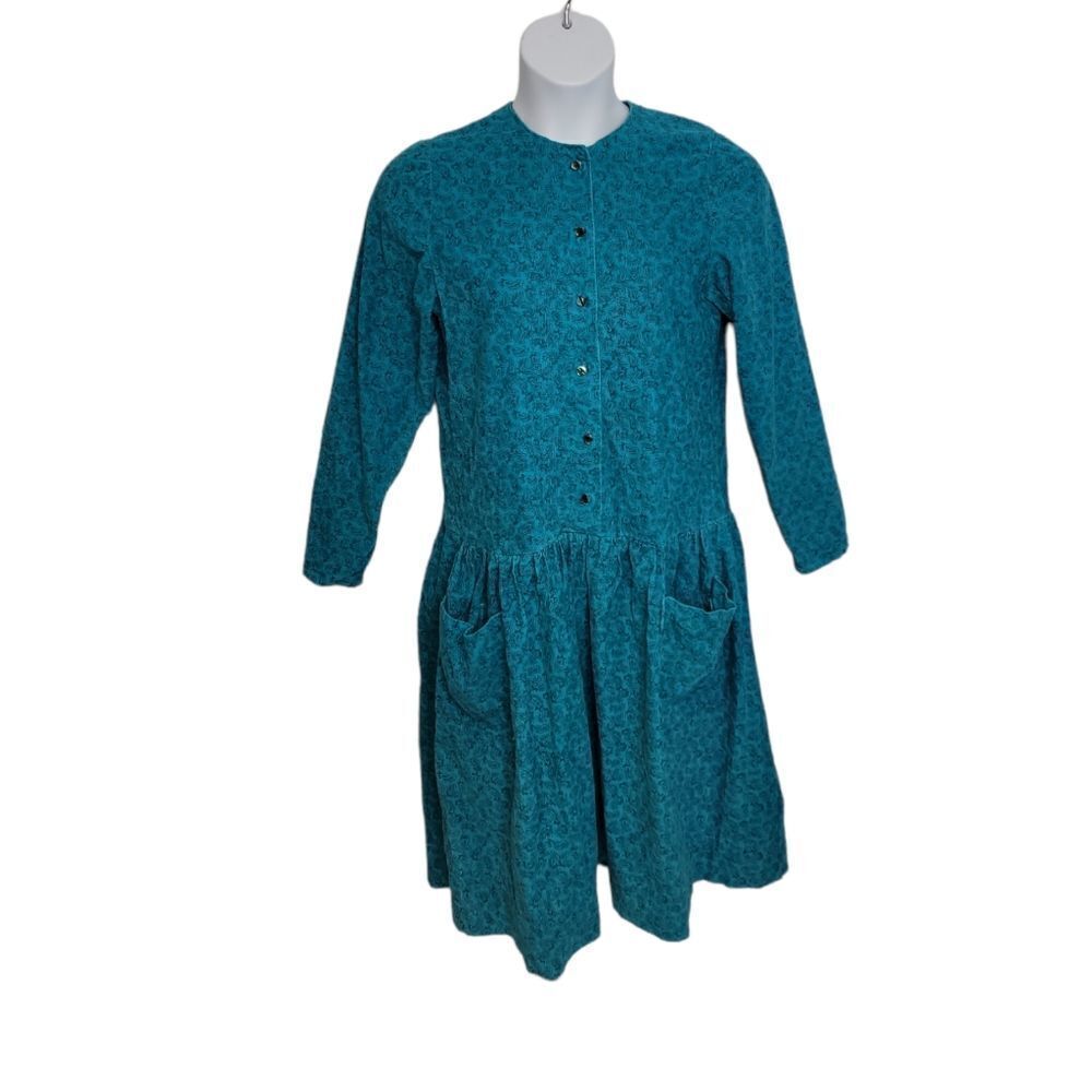 VINTAGE 90s dress‎ teal paisley long sleeve corduroy button up M